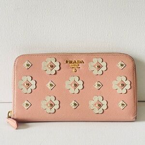 PRADA Saffiano Leather Flower Pearl Long  Zip Around Wallet